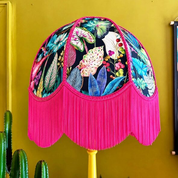 Love Frankie Bo - Vintage Fringed Dome Lampshade in Acid Jungle with Pink Fringe