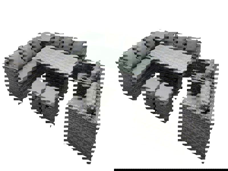 Fimous 10 Seater Outdoor Corner Sofa Height Adjustable Rising Lifting Table Set Garden Rattan Furniture Set with Side Table 2 Small Stools Dark Grey