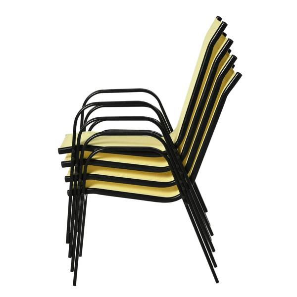 Stack of beige mesh seat chairs with black frames, angled view