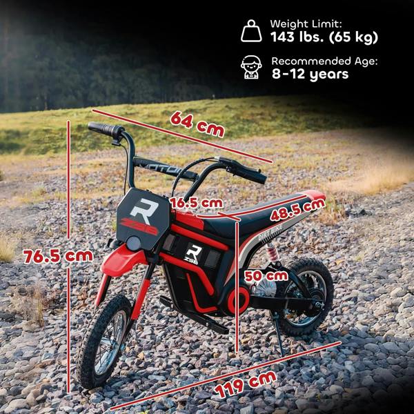 Red electric kids motorbike front and side view on rocky ground