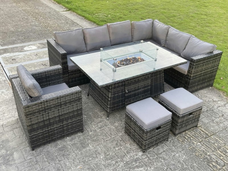Fimous Outdoor Rattan Garden Furniture Corner Sofa Set Gas Fire Pit Table Dining Sets Gas Heater Burner Lounge Footstools Chair Dark Grey 9 Seater