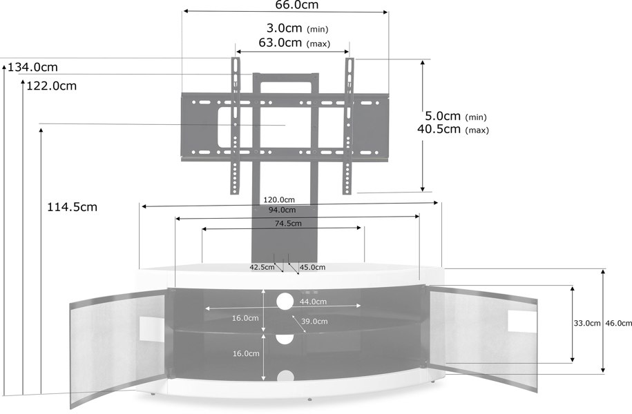Centurion Supports PANGEA Black/White Beam-Thru Curved True-Corner 32"-50" TV Cabinet with Mounting Arm
