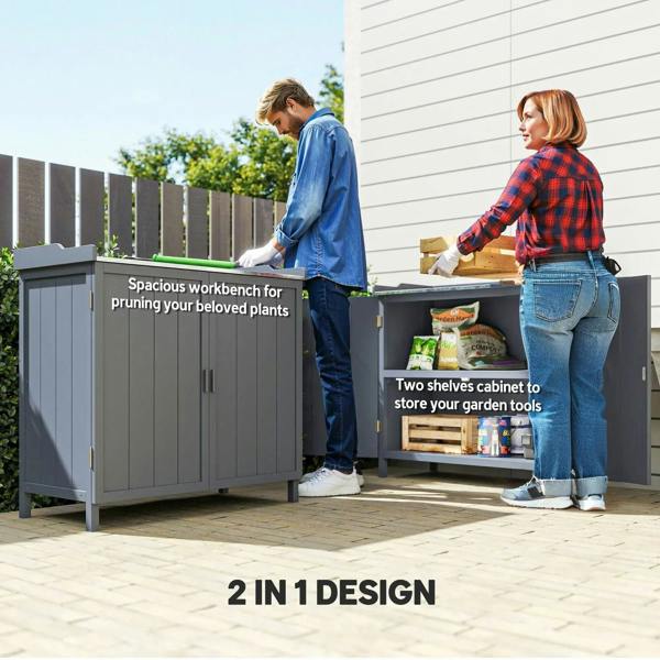 Grey outdoor storage cabinet with galvanized top and open side doors