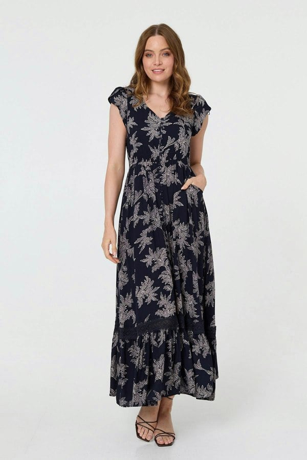 Navy | Leaf Print Shirred Lace Trim Maxi Dress