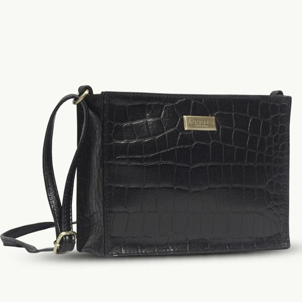 Assots London 'SUSAN' Black Croc Real Leather Rectangle Box Crossbody Bag