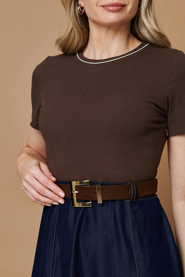 Brown | Removable Belt Denim Skirt Midi Dress