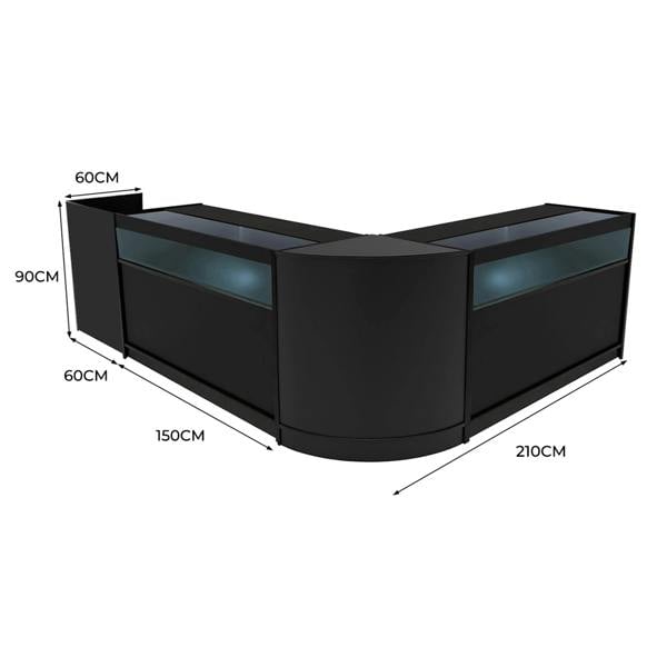 Luna LED Shop Counter Set in sleek black, featuring a modern design with curved edges, glass display tops, and ample storage space