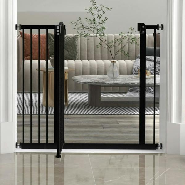 Black adjustable pet gate safety barrier with auto-close door, metal frame and latch