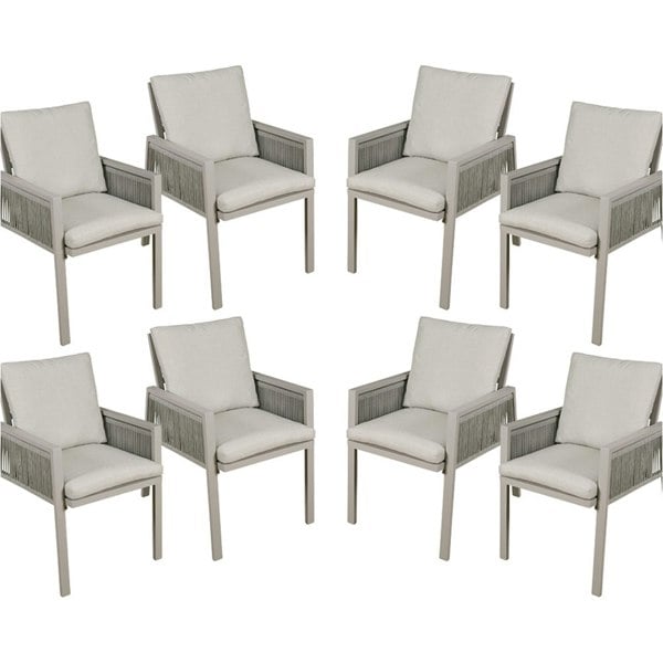 8 PACK Garden Dining Chairs & Armrests - Light Grey Aluminium & Rope - Outdoor