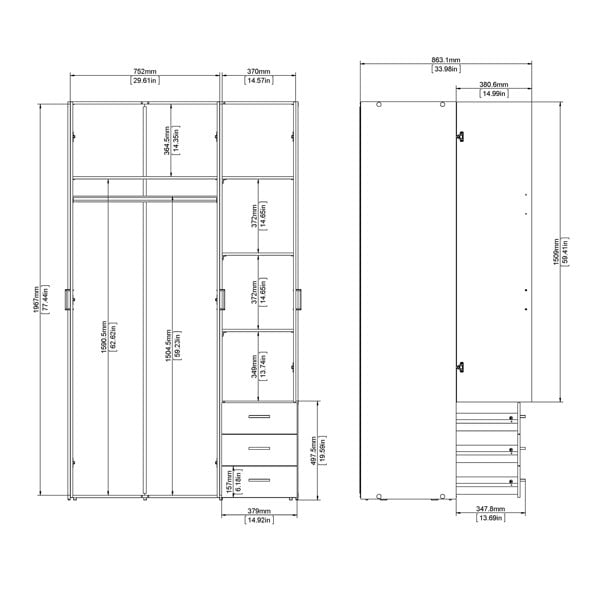 Furniture To Go Space Wardrobe - 3 Doors 3 Drawers in White 2000