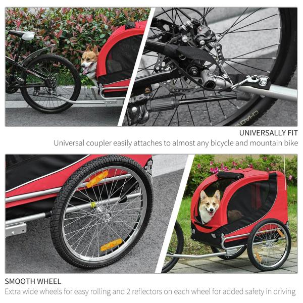 Red bike pet trailer with coupler hitch and wide wheels for smooth rolling
