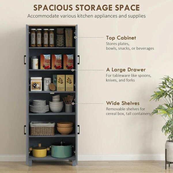 Freestanding Kitchen Cupboard, 4-Door Storage Cabinet with Adjustable Shelves, Modern Kitchen Pantry, 170cm, Grey