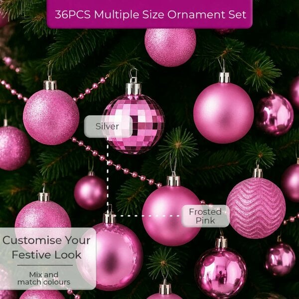 Neo Frosted Pink 36PCS Christmas Tree Ornaments Set Baubles Glitter Balls Holiday Festive Decorations Assorted Sizes Colours Home Party Décor