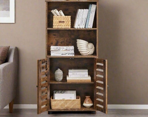 Rustic brown floor standing cabinet with louvered doors and adjustable shelf

