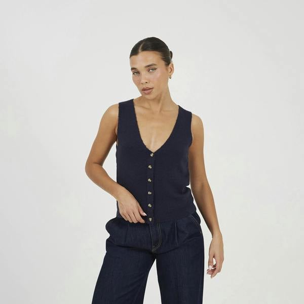 Brave Soul Navy Mossy Yarn V-Neck Knitted Waistcoat - Navy Image 1