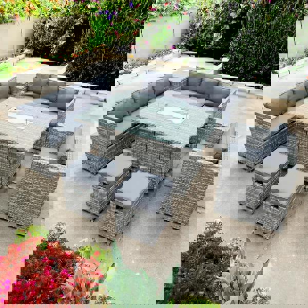 malta rattan 9 seat firepit u shape sofa set in mixed grey with grey cushions