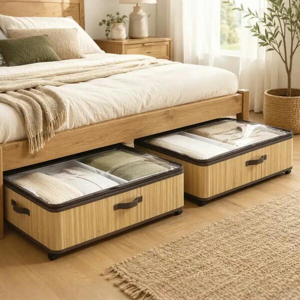 72L Under Bed Storage with Wheels Pack of 2, Underbed Storage Box with Clear Lid Cover and Reinforced Handle, Natural - Natural wood finish