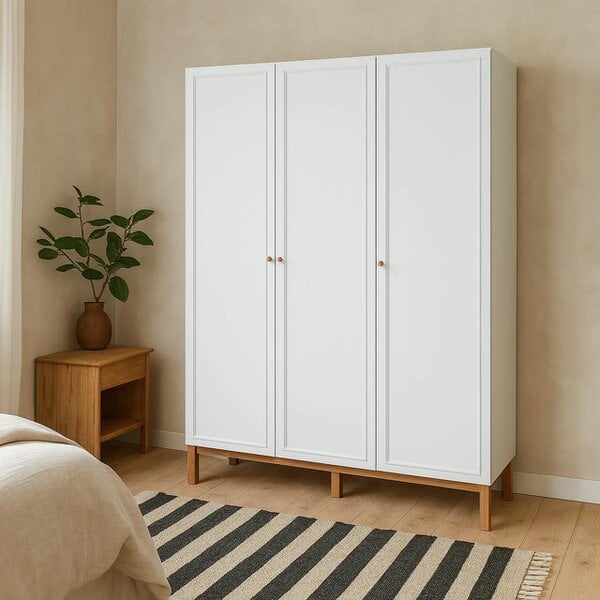 Wyld Haus Basel Light Grey and Oak 3 Door Wardrobe with Shelves Drawer and Hanging Rail