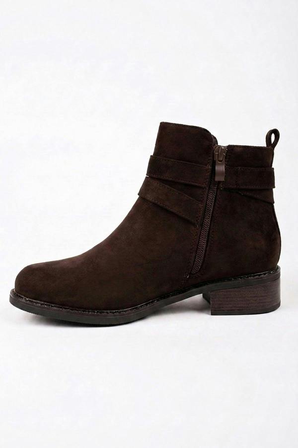 Pearl Faux Suede Wrap Strap Ankle Boots - Brown