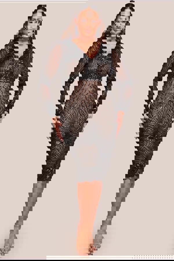 Scalloped Hem Starburst Midi Dress - Black DR2617P