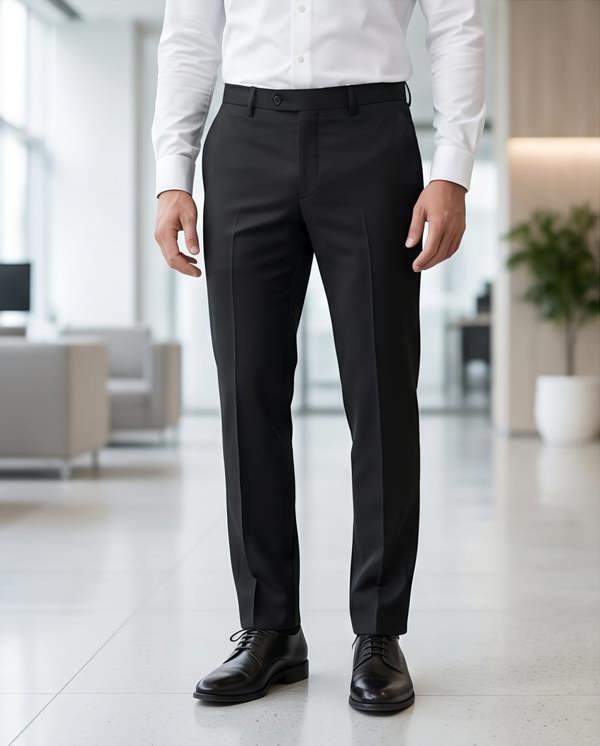 Person wearing black dress pants and a white shirt in an indoor setting.
