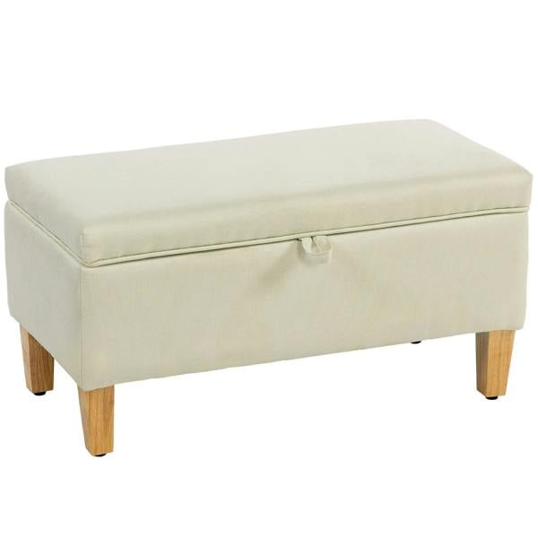Beige linen storage ottoman footstool with padded top and wooden legs