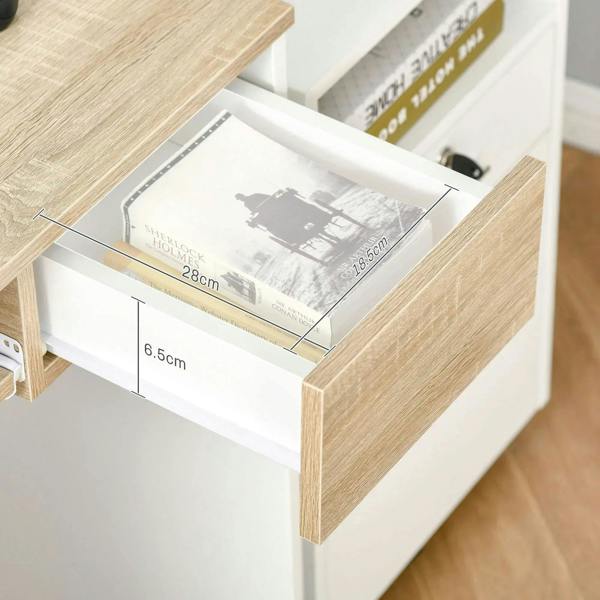 Oak-and-white desk drawer with clear interior label window and sliding track