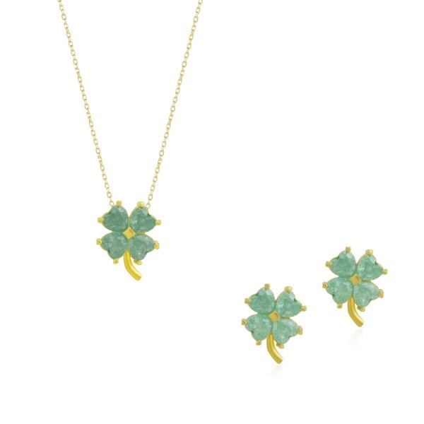 Spero London Four Leaves Clover Sterling Silver Earrings and Necklace Set in Green