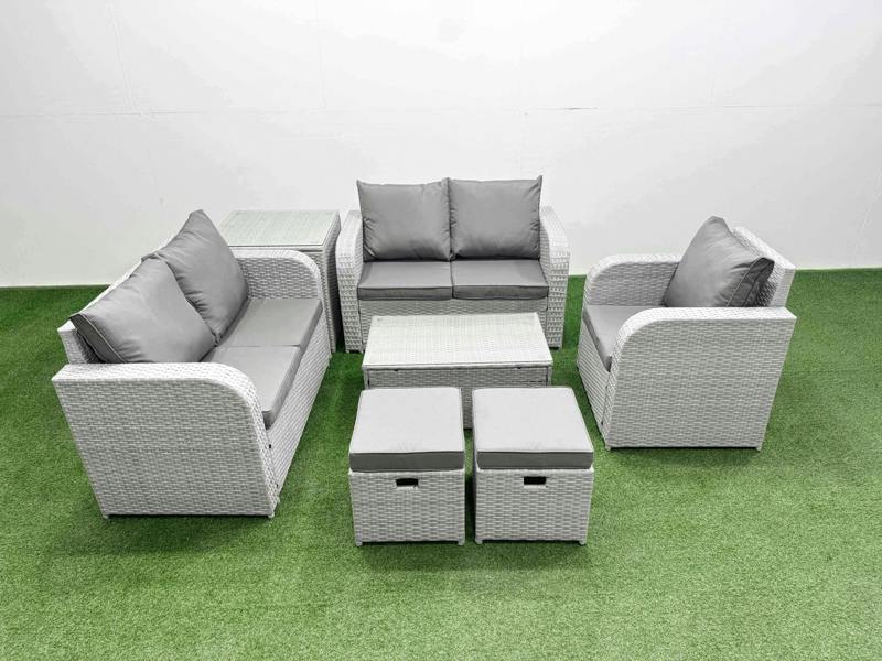 Fimous 2 Stool Patio Sofa Set, High Back Poly Rattan, Reclining Loveseat, Coffee Table, Indoor Outdoor and Side Table, Light Grey