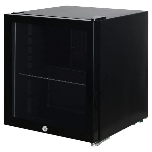 The Igenix Tabletop Drinks Fridge, 48 Litre, Black, features a sleek glass front door and single wire shelf—perfect for storing drinks in your home or office. Its compact design looks great on any counter or tabletop.
