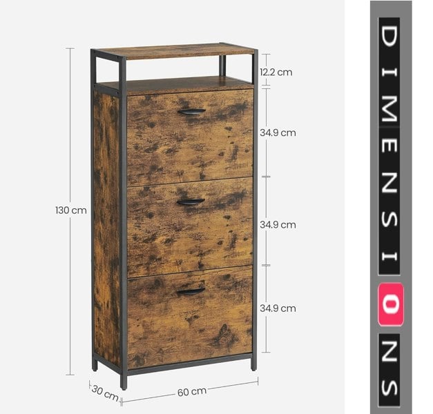 Modcraft Slim Rustic Brown & Black Shoe Cabinet with 3 Fold-Out Doors - Industrial Style