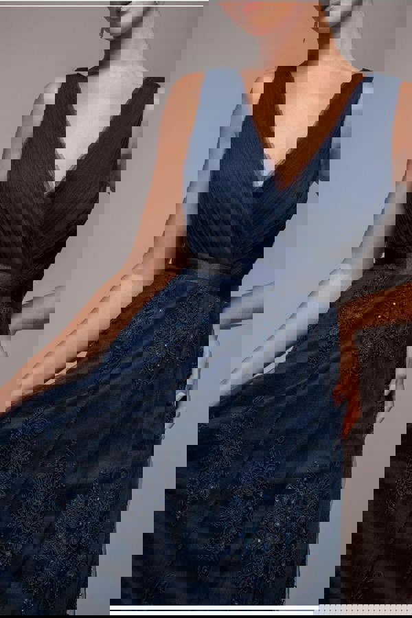 Pleated Satin Bodice High And Low Dress - Navy DR3337QZ