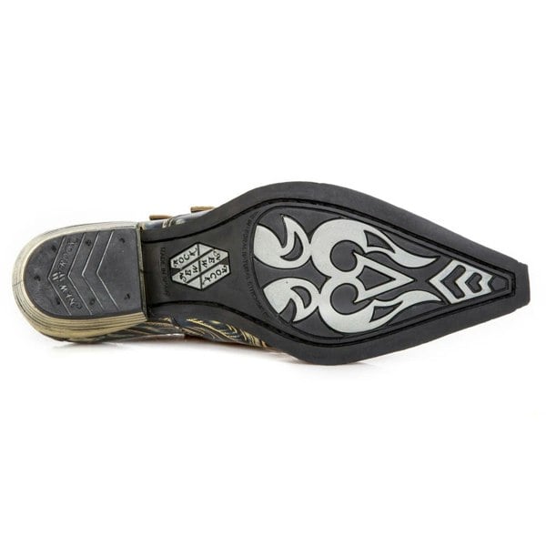 New Rock M-7960-s14 Embossed Vintage Shoes Black Leather Buckle Steel Heel