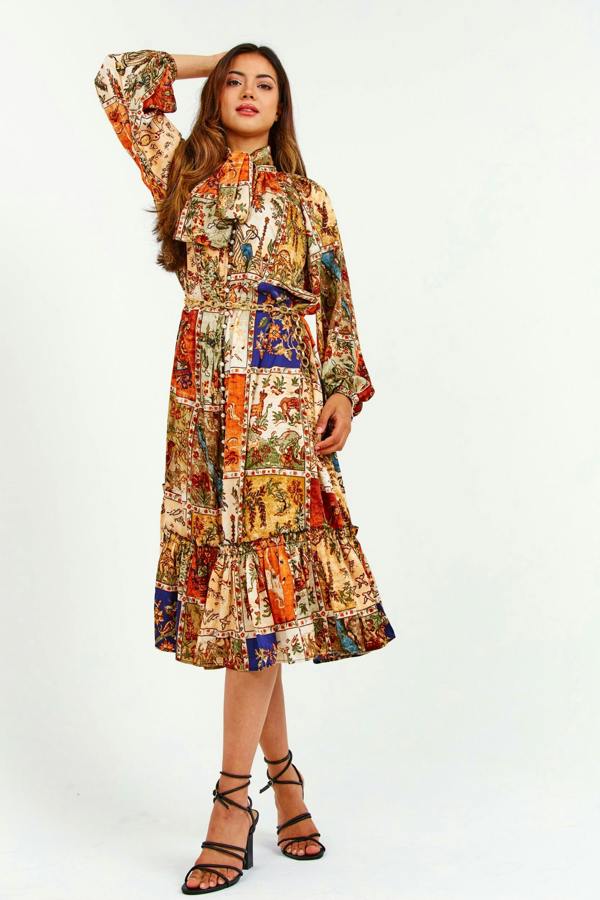 LuvForever Oriental Print Ruffle Midi Dress