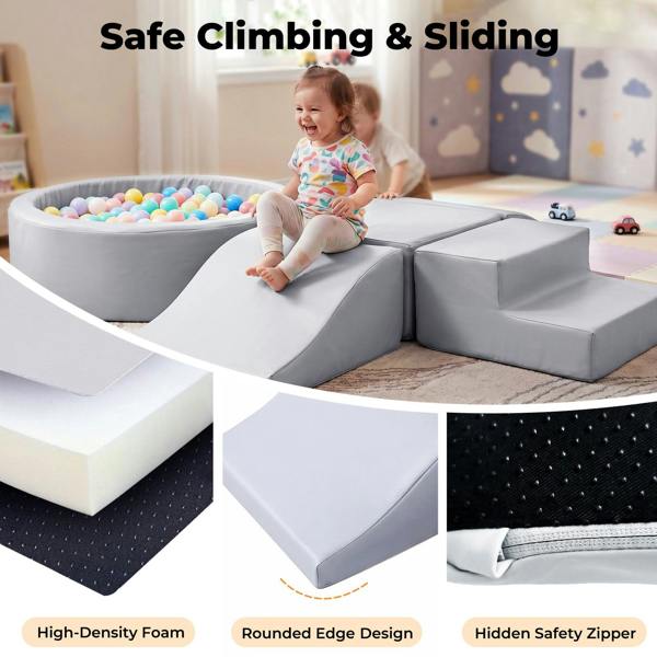 Dekko Soft Play Set 5Pc PU Leather Foam Blocks Baby Climbing Sliding Indoor Grey