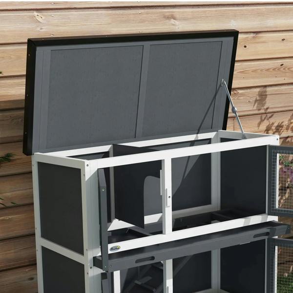 Grey two-tier rabbit hutch side view with open upper access panel