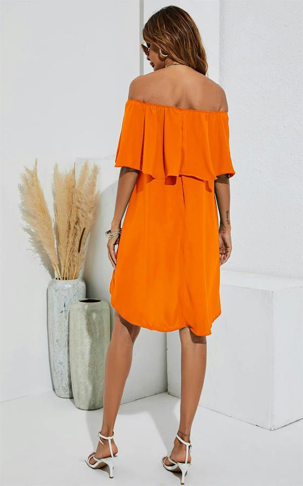 FS Collection Bardot Frill Off Shoulder Mini Dress In Orange