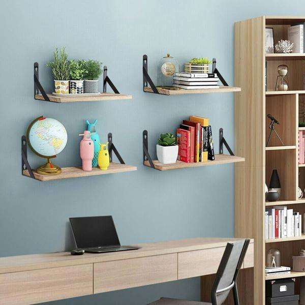 Dyzi Set Of 4 Rustic Wooden Floating Wall Shelves 42cm