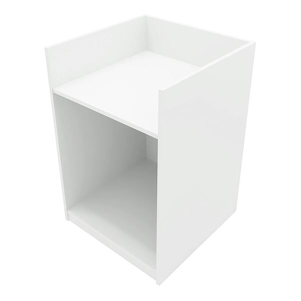 Theia LED Shop Counter Set in white, featuring a sleek, modern design with an open shelf and smooth, matte finish