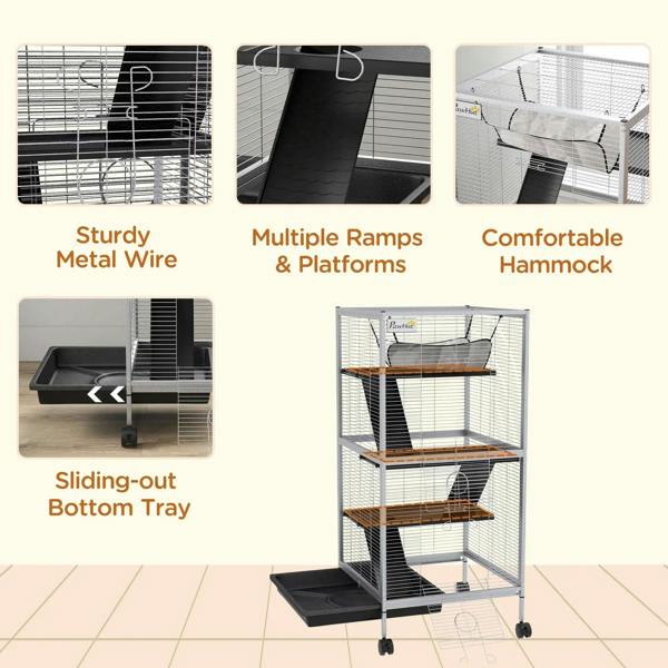 Light grey small animal wire cage with sliding bottom tray, multiple ramps, hammock