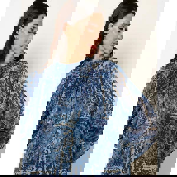 Blue Vanilla High Neck Paisley Print Puffball Top