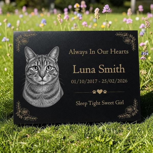 Memorials Direct Cat Memorial Granite Photo Plaque - Floral Design