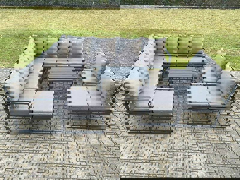 Fimous Aluminium 11 Seater Patio Outdoor Garden Furniture Lounge Corner Sofa Set with Oblong Coffee Table with 2 Big Footstools Dark Grey