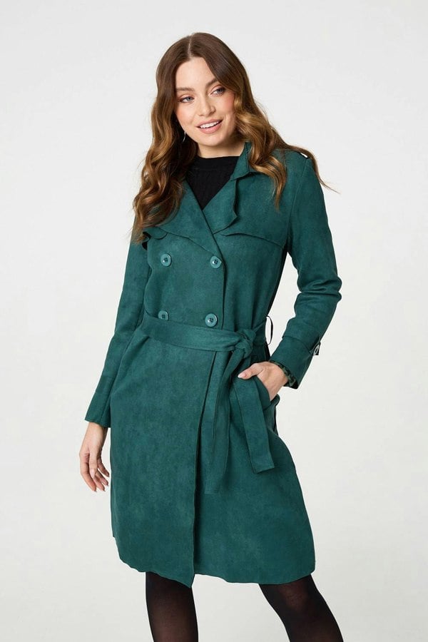 Green | Faux Suede Button Front Trench Coat
