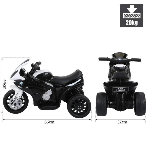 Black kids electric ride-on motorbike, front and side views with size and 20kg rating.