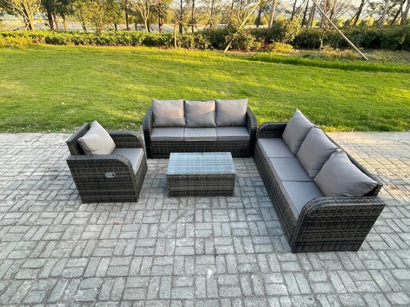 Fimous 7 Seater Rattan Outdoor Garden Furniture Sofa Set Patio Table & Chairs Set with 3 Seater Sofa Reclining Chair 3 Seater Sofa Dark Grey Mixed