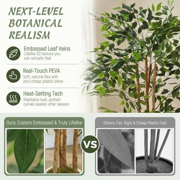 180cm Artificial Ficus Tree, Fake Potted Tree with Solid Wood Trunk and Pot for Indoor, Green