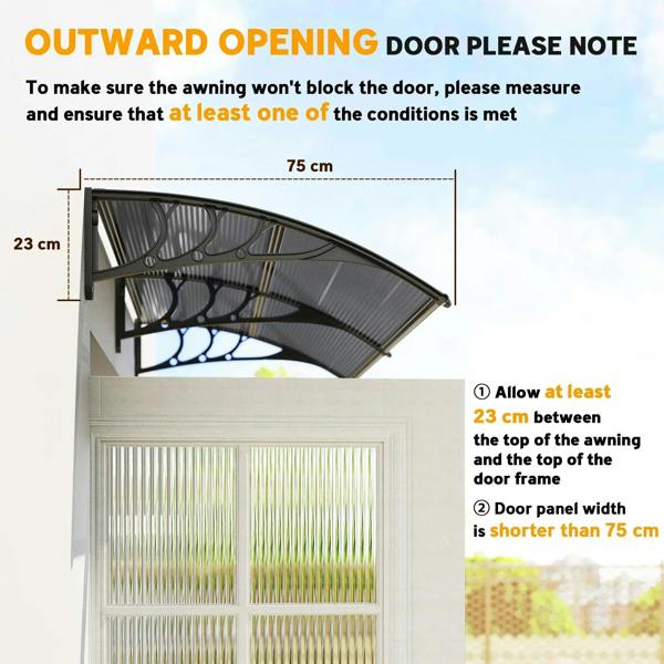 Front door canopy awning with outward opening door clearance measurement guides