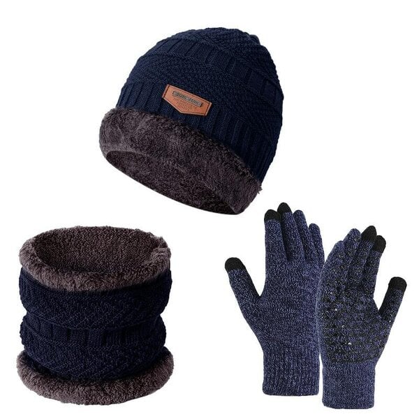 Obasyhig Fleece-Lined Knitted Winter 3-Piece Set - Navy Blue - Style 1