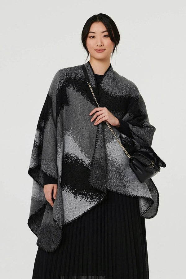Black | Abstract Print Oversized Poncho
